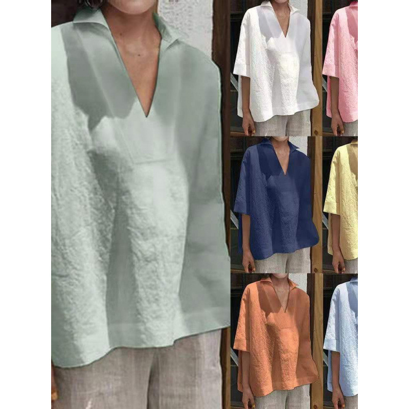 2025 Spring/Summer Amazon European and American Cross-Border V-Neck Cotton and Linen Versatile Solid Color Plus-Size Loose Mid-Sleeve Women's Shirt
