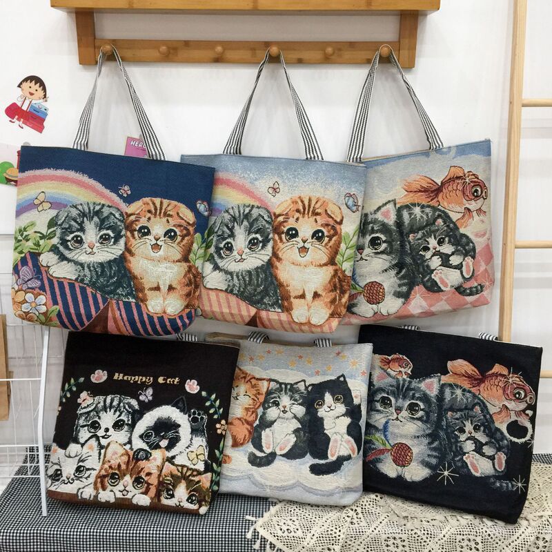 Foreign Trade Retro New Embroidered Canvas Bag Shoulder Bag Fashion Women's Bag Cute Kitten Simple Large Capacity Bag