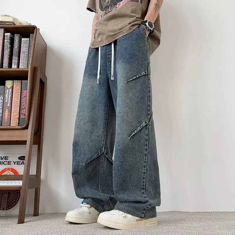 美式复古牛仔裤男士春夏款高街宽松阔腿裤子潮牌休闲直筒工装长裤