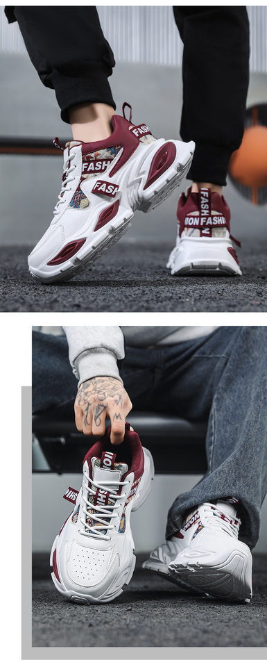Giày sneaker nam cổ lửng đế dày tăng chiều cao, phối màu, dây buộc, cỡ lớn — Trắng kaki, Trắng xanh, Táo đỏ trắng chi tiết 13