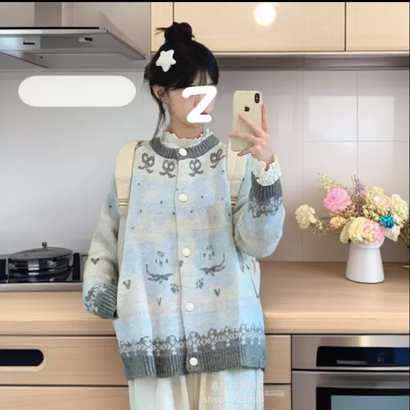 新款可爱小狗提花宽松针织开衫女秋冬甜美上衣外套