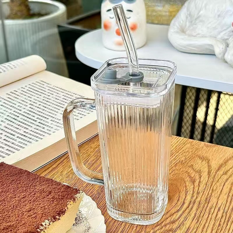 透明带把手玻璃水杯高颜值女夏季果汁饮料杯条纹带盖吸管杯子|undefined