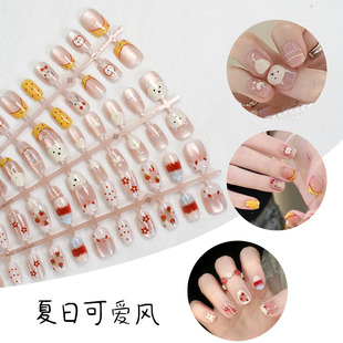 Xiaohongshu's Popular Summer Cute Style Wearable Nails Cartoon Bunny Kt Cat Pink Cherry Full Size Prefabricated Nails