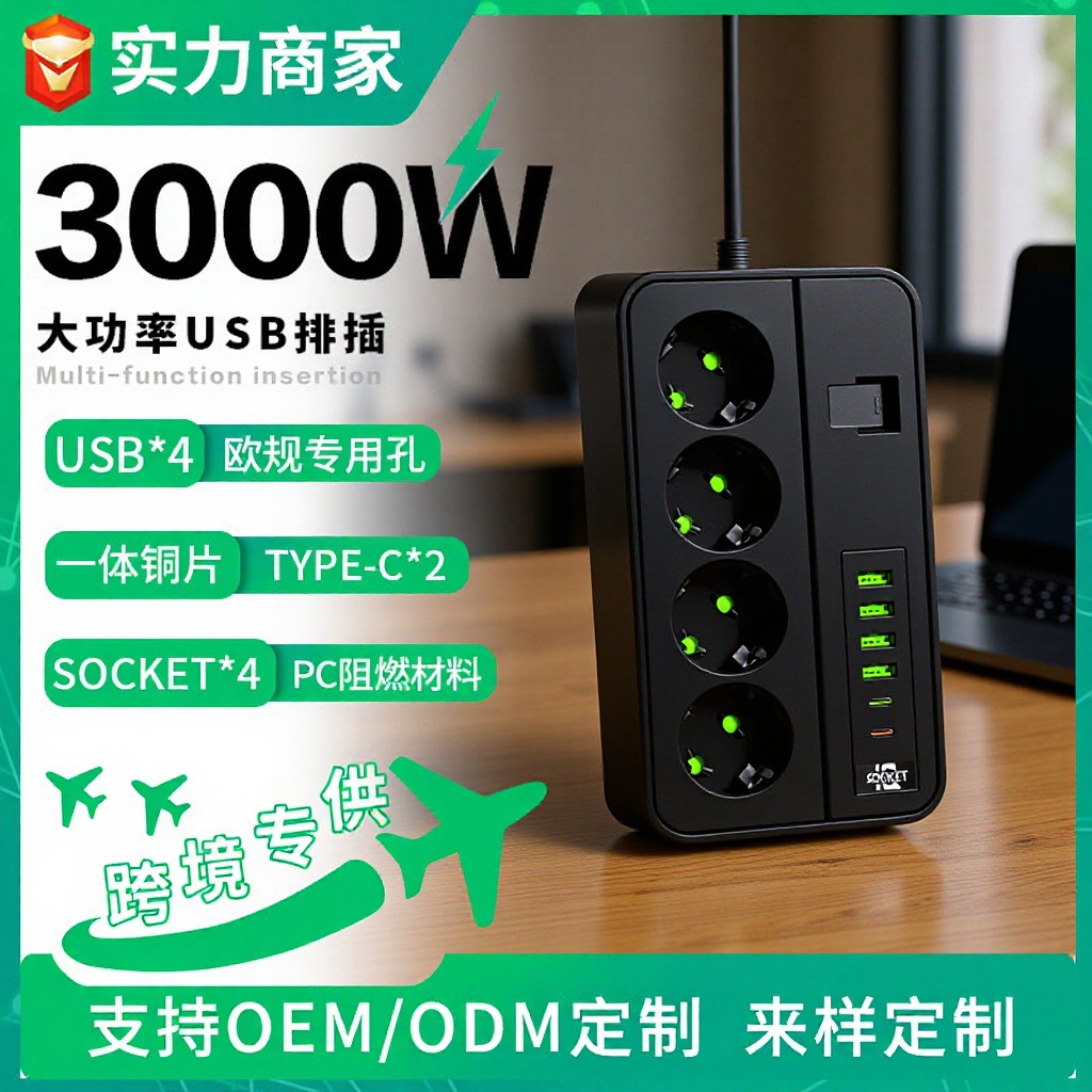 俄罗斯排插家用欧德标230V插线板多功能USB插排带线欧规插座供应