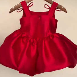 儿童礼服缎面绝美高级女童宝宝周岁生日礼服红色花苞礼服裙公主裙