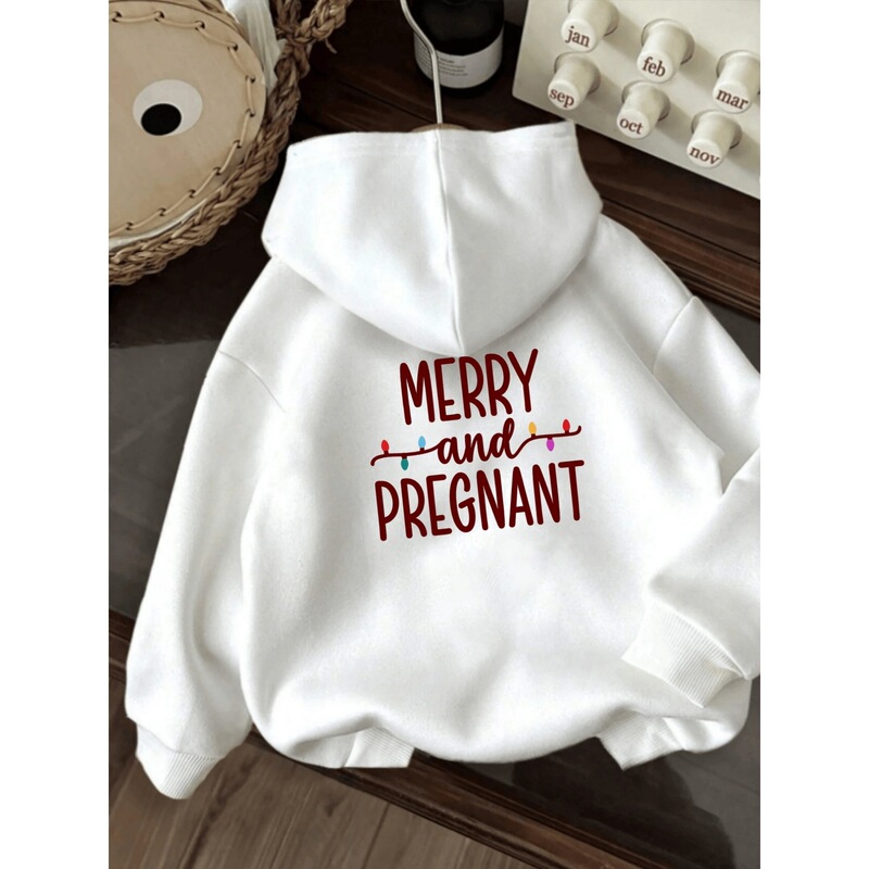 【European Size】Hooded Sweatshirt Back Panel, Merry and Pregnant, Christmas Maternity Print for Both Men and Women