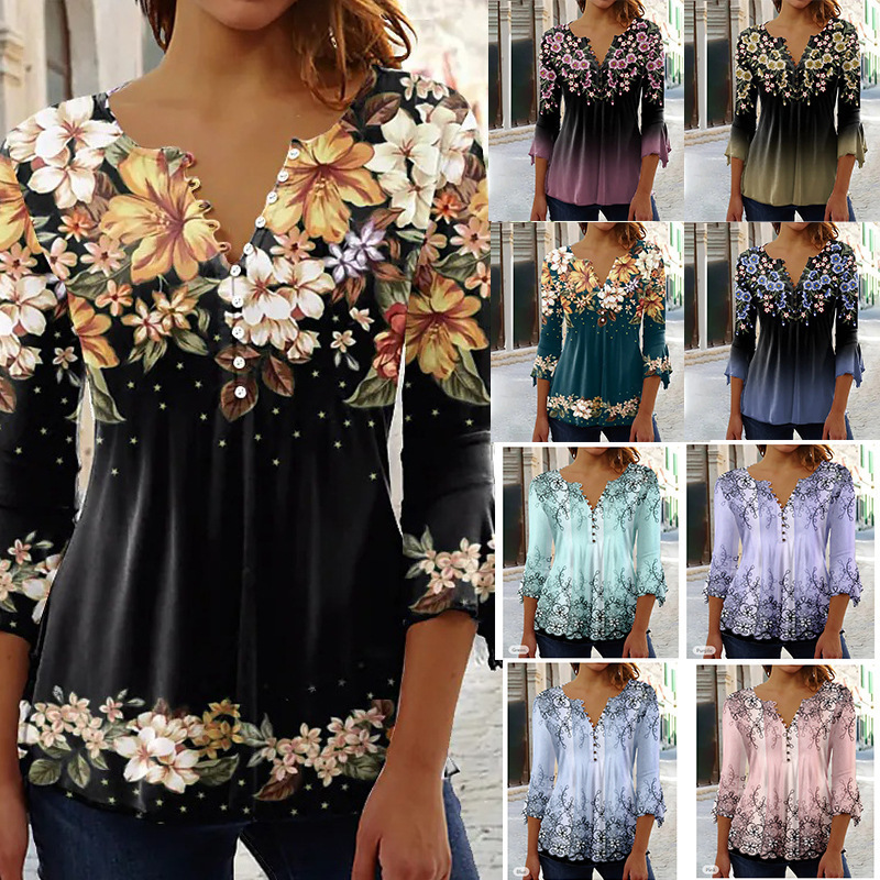 2023 Amazon European and American New Style Summer Fashion Ruili Floral Print V-Neck Three-Quarter Sleeve T-Shirt