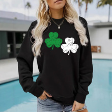 欧美跨境秋冬季女装休闲长袖圆领三叶草印花套头运动衫卫衣批发