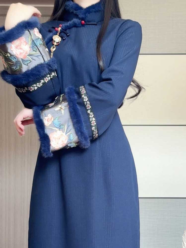 Fleece-lined And Thickened, 2025 Winter Model, Improved Cheongsam With Inverted Large Sleeves, Vintage Warm Fur Collar,_ecoleips.com