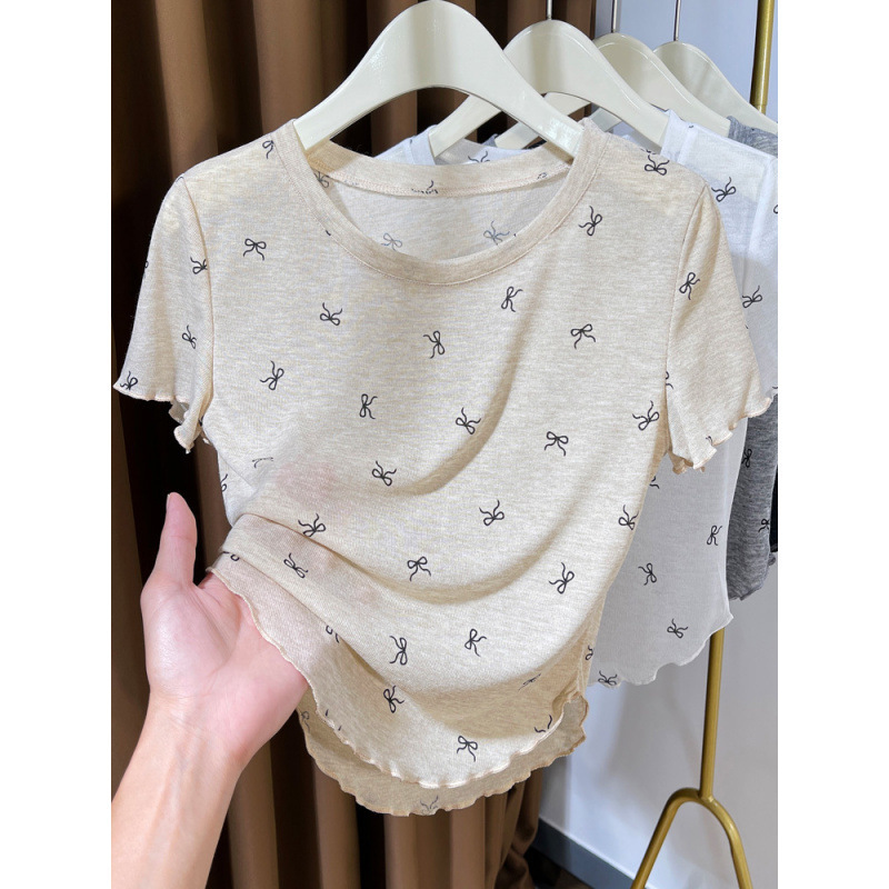 超薄微透天糸半袖tシャツ女性2025新型蝶結びプリント上着サスペンダースカートにシャツをかける|undefined