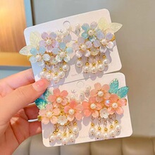 diy儿童发夹古风发饰可爱花朵流苏珍珠汉服头饰女童刘海边夹发卡