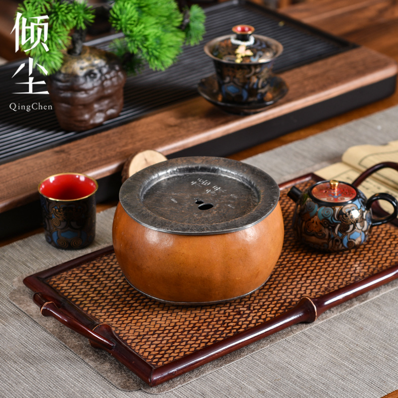 天然老葫芦包锡壶承 建水大漆干泡台 做旧储蓄水手工文玩茶器