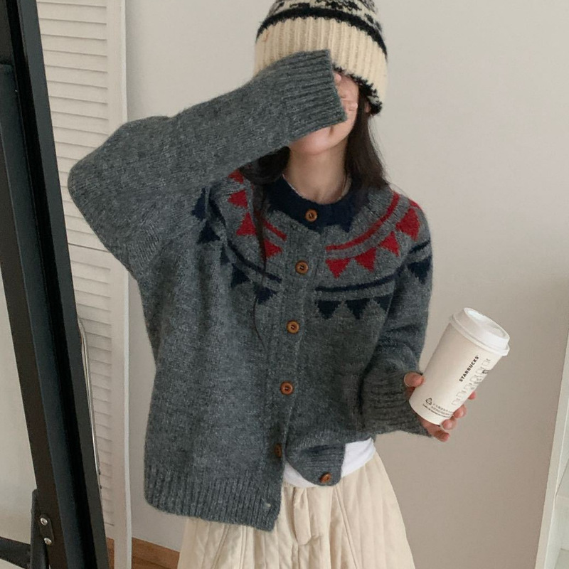 秋冬新款提花撞色毛衣外套女日系复古宽松慵懒风加厚休闲毛衣外套|undefined