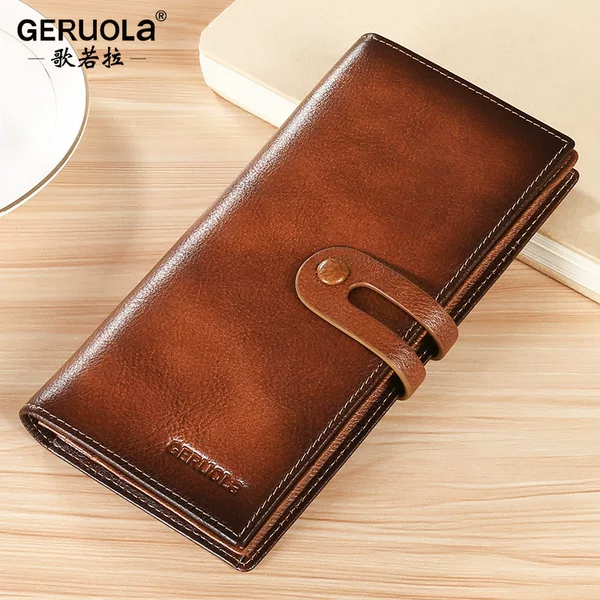 Men's Long Wallet, Top Layer Cowhide, Multiple Card Slots, Vintage Genuine Leather Clutch, Anti-Theft Wallet, Color-Washed Buckle