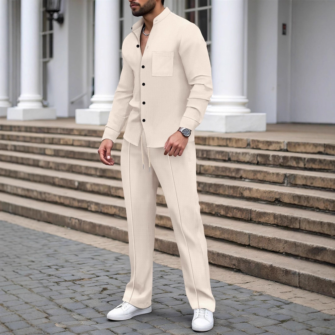 K Men's New Waffle Solid Color Stand Up Collar Cardigan Shirt Long Sleeved Pants Casual Suit_viptrois.com