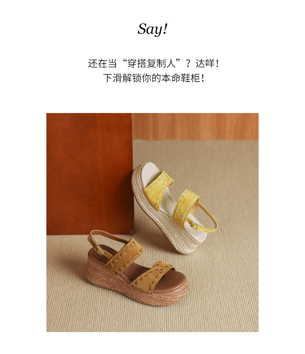 Sandal nữ đế xuồng đan rơm cao gót, quai ngang một dây, phong cách hè thoải mái — Màu caramel, màu vàng chi tiết 2