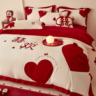 Wedding Four-Piece Set Festive Red Double Happiness Patch Embroidered Pure Cotton Quilt Cover Bed Sheetss Wedding Bedding