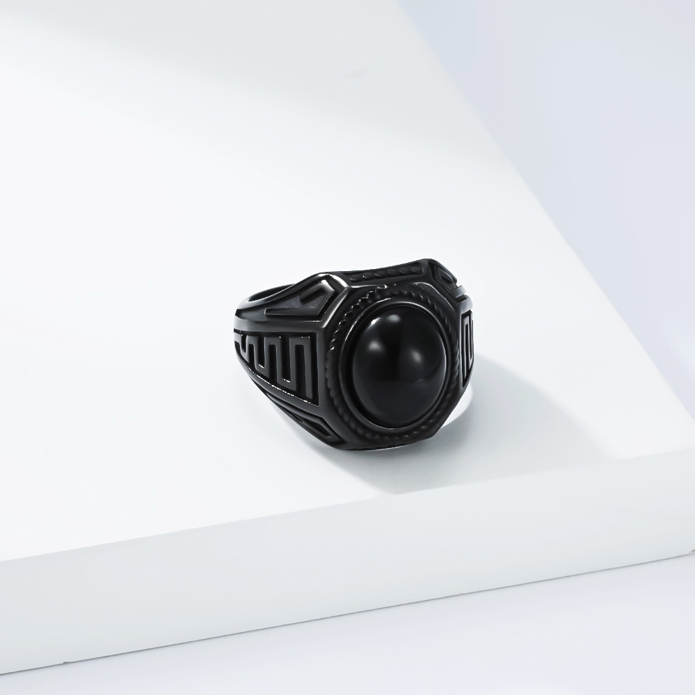 Herren Ring Aus Titanstahl Im Retro Design Mit Schwarzem Stein_voghion.com