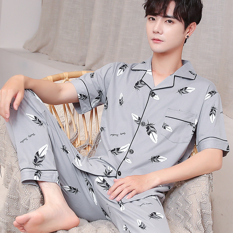 면 잠옷 남자의 여름 얇은 반팔 바지 남자 홈 옷 여름 얇은 면 플러스 사이즈 세트