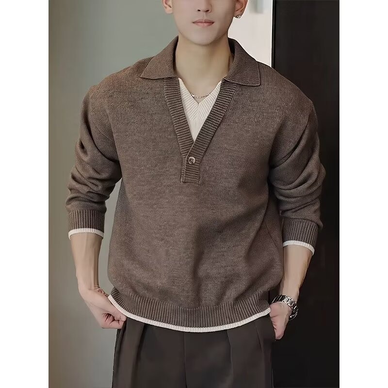 老钱风咖色假两件翻领毛衣男秋冬慵懒感时尚保暖针织衫线衣黑色
