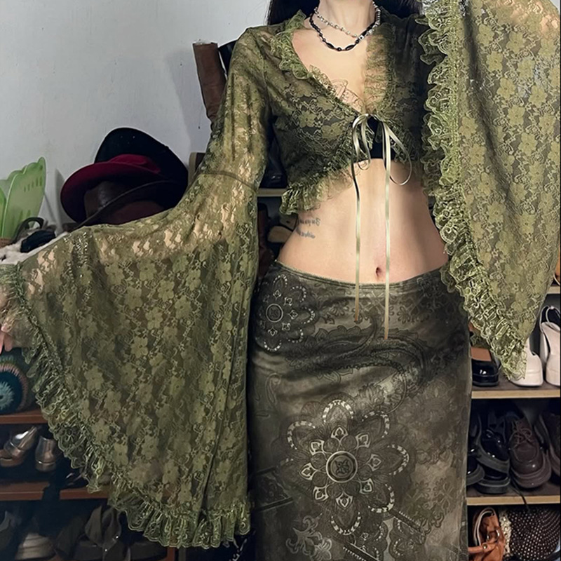 Vintage Forest-Style Green Lace See-Through V-Neck Tie-Up Top, Sexy Flared Long-Sleeve Cardigan, Crop Top