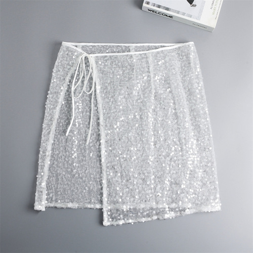 Stylish Vintage Layered Sheer Dress with Sequin Lace Hem, Perfect for Spring and Summer, Uniquely Trendy Starred-Hot Half Body Skirt for Women