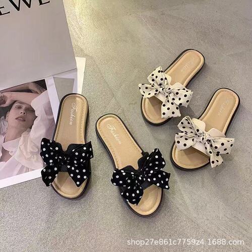 New style bow tie slippers women's outdoor Korean-style floral beach shoes sandals women's internet celebrity Instagram flat shoes wholesale