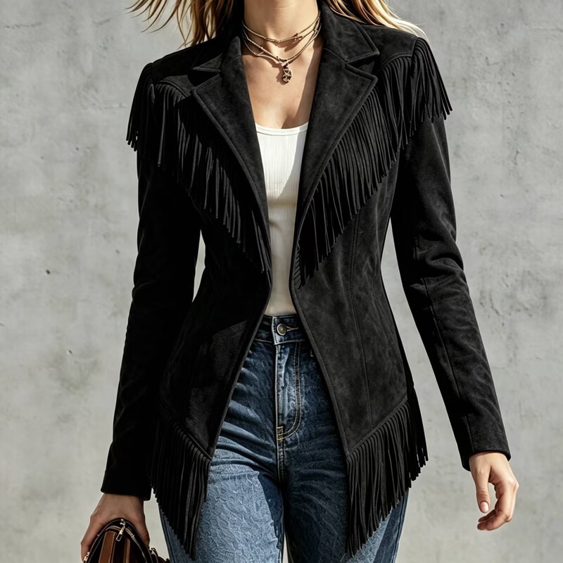 European and American retro women's coat, new autumn and winter suede fringed slim-fit lapel long-sleeve jacket