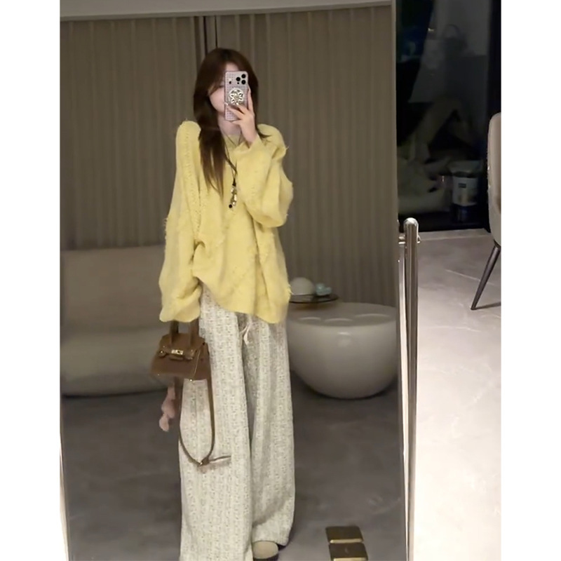 休闲慵懒风套装女秋季新款设计感毛衣上衣宽松显瘦阔腿裤|undefined