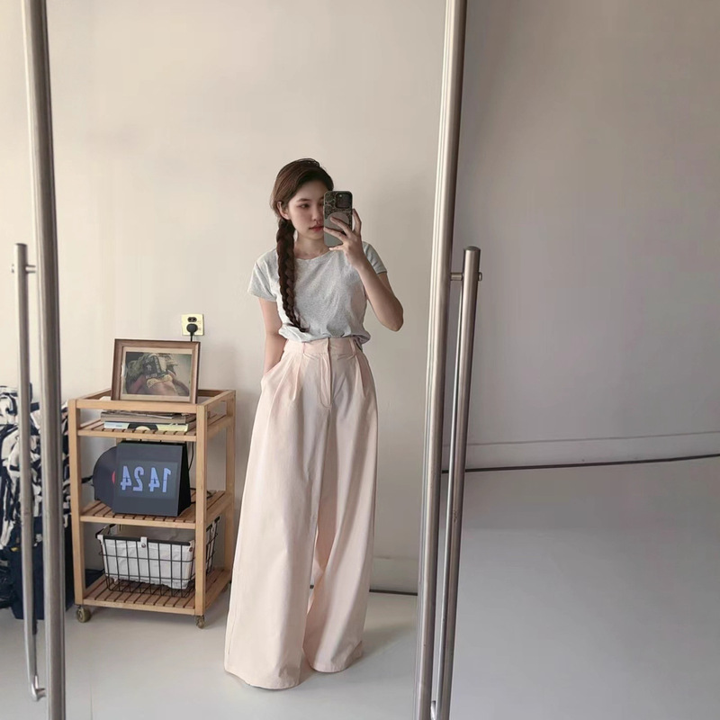 al0秋季垂感阔腿裤宽松拖地黑色直筒西装长裤松紧腰欧美风女生款|undefined