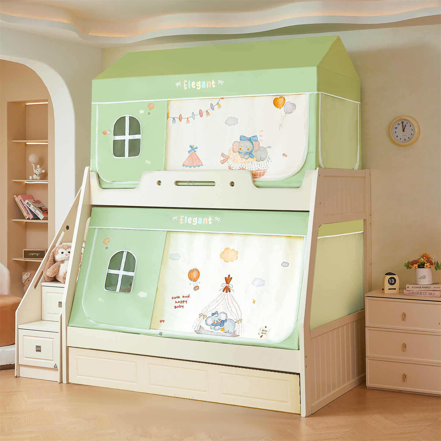 Cama de tipo A con ventanas de dibujos animados para niños y niñas, cama de mosquiteros reforzada para evitar la caída de la cama cortina de cama para niños y niñas