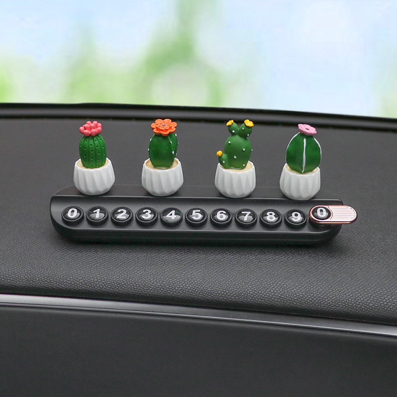 Suculentas plantas en macetas, placas de matrícula de estacionamiento temporal, teléfonos de automóviles, placas de matrícula en movimiento, tarjetas de transferencia de automóviles, adornos de accesorios se pueden ocultar