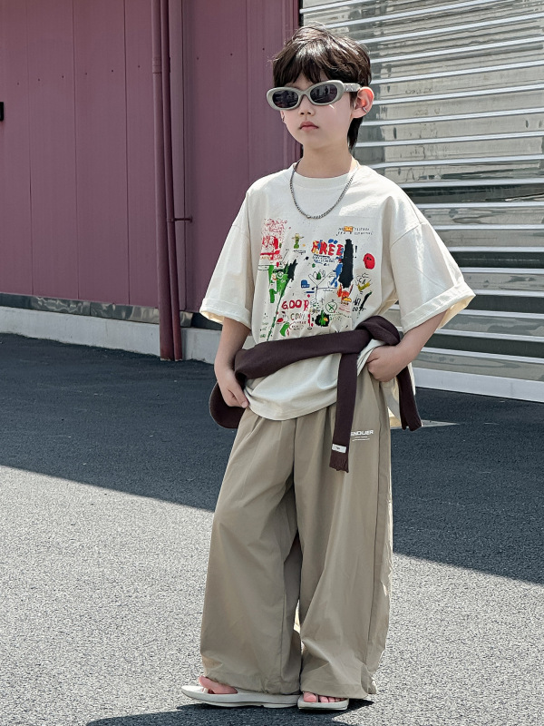 男の子夏半袖スーツ子供夏韓国語版 2025 新しい漫画ルーズ速乾性防蚊パンツ子供服トレンド|undefined
