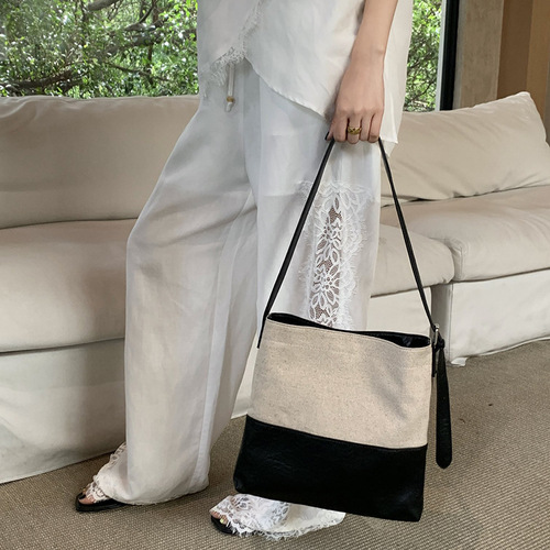 乔戈夏新款单肩水桶包亚麻布料拼接PU简约大容量手提包斜挎子母包