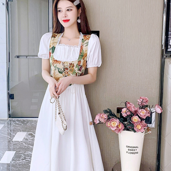 French Style Elegant Royal Court Style Retro Floral Slimming dress Sweet High-end Sense Milk Sweet Tea Break Escape Princess Dress