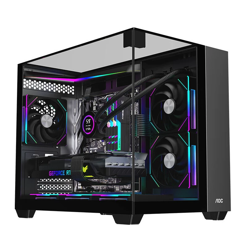Игровой компьютер AOC CG399, помещение с видом на море, корпус панорамный, трехстороннее стекло, поддержка материнской платы M-ATX, водяное охлаждение 240