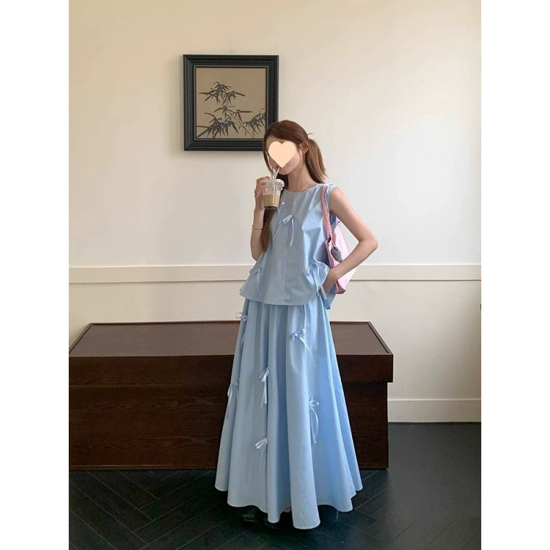 Полный комплект летних элитных и элегантных топов без рукавов и юбок средней длины для маленьких людей, модных женских костюмов-двойок.