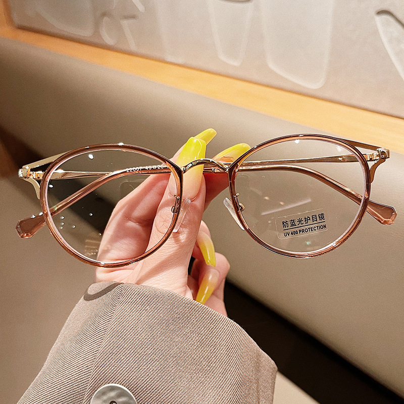 New Anti-Blue Light Glasses, Korean Style, Personalized for Students, Can Be Fitted with Prescription Lenses, Round Frame, Retro Plain Glasses Frame