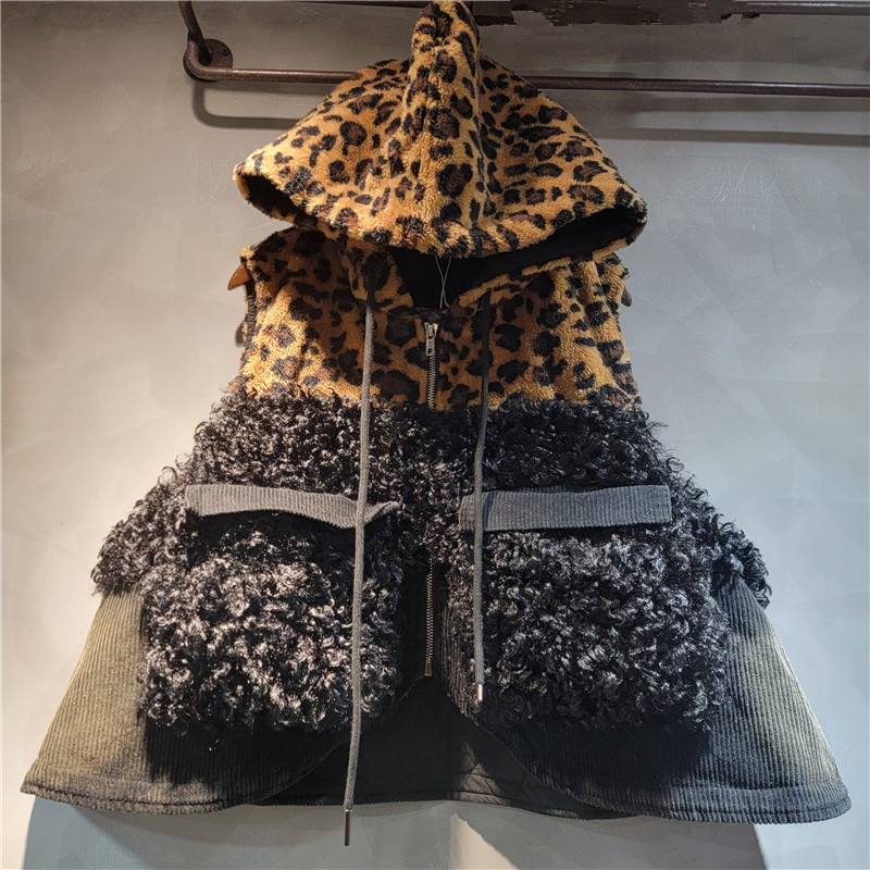 Design Sense Fashion Trend Personality All-match Winter Wear Thickened Hooded Leopard Print Patchwork Cardigan Cotton Vest Design Sense Fashion Trend Personality All-match Winter Wear Thickened Hooded Leopard Print Patchwork Cardigan Cotton Vest