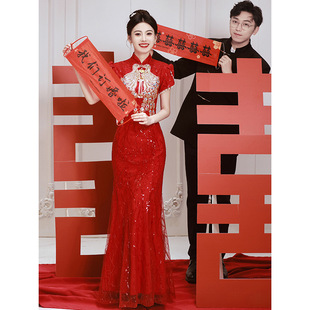 Chinoiserie Cheongsam Toast Dress Bride 2025 Red Sequin Fishtail Wedding Engagement Dress Skirt Back Door Classy Accessible Luxury