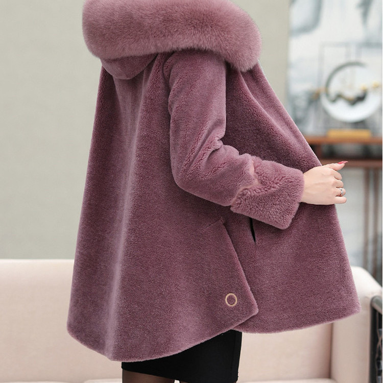 New Women's Cashmere Wool Fur Coat New Lamb Wool Real Fox Fur
