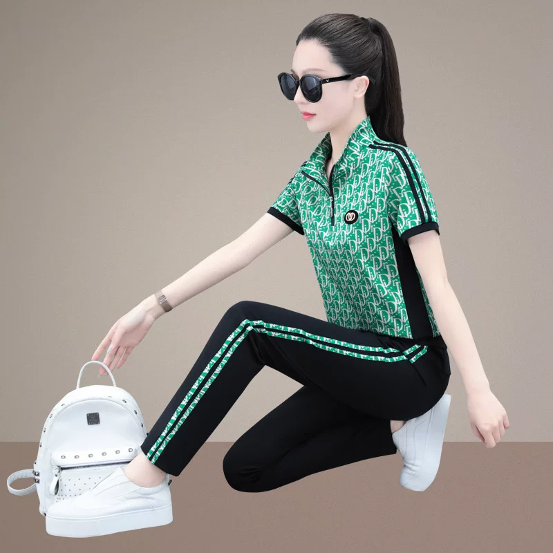 Спортивный костюм для мамы для отдыха, летний комплект, модные тонкие брюки, большого размера, с коротким рукавом, для бега