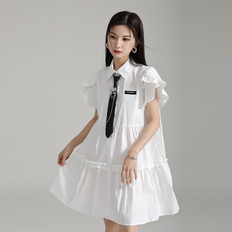 Zhongchuang's Design Sense Metal Pin Tie with Wood-ear Short-sleeved Shirt Dress Loose Slim-fit dress Women Zhongchuang's Design Sense Metal Pin Tie with Wood-ear Short-sleeved Shirt Dress Loose Slim-fit dress Women