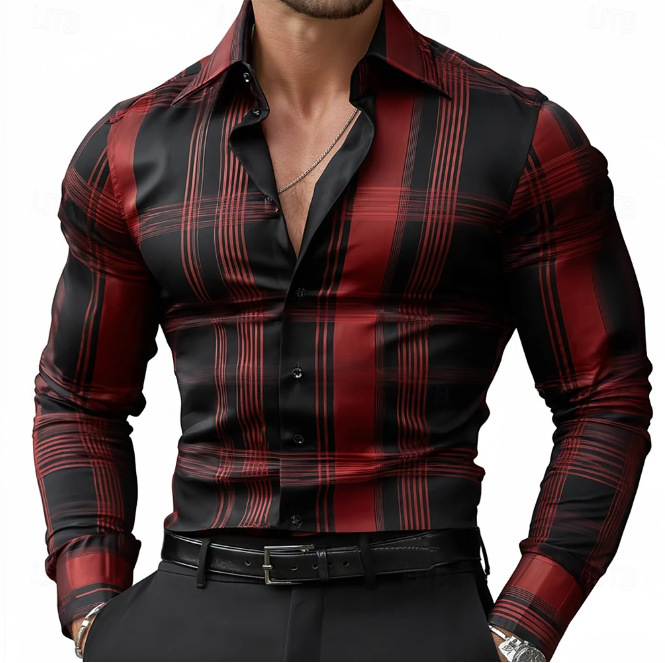 Men's red plaid long-sleeved shirt, cross-border faux silk satin slim-fit shirt with a notched collar, suitable for European and American parties and fitness activities Men's red plaid long-sleeved shirt, cross-border faux silk satin slim-fit shirt with a notched collar, suitable for European and American parties and fitness activities