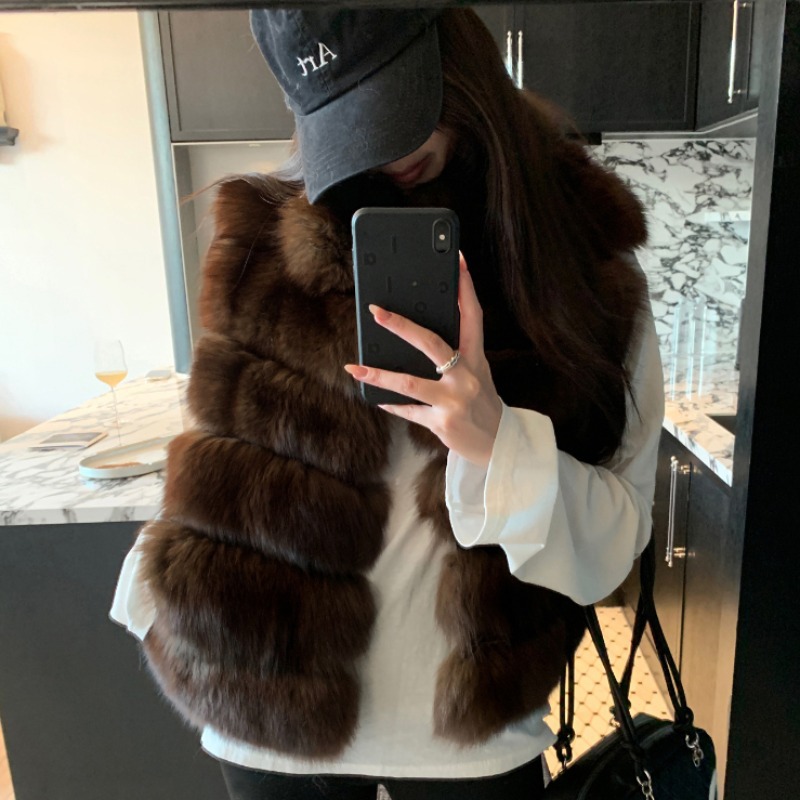 韩版晕染双色立领仿毛毛冬季外套进口环保整皮狐狸毛皮马甲女