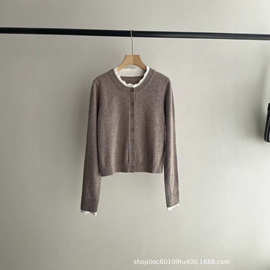 2025秋冬新款法式简约甜美风撞色花边领圆领短款羊绒混纺针织开衫