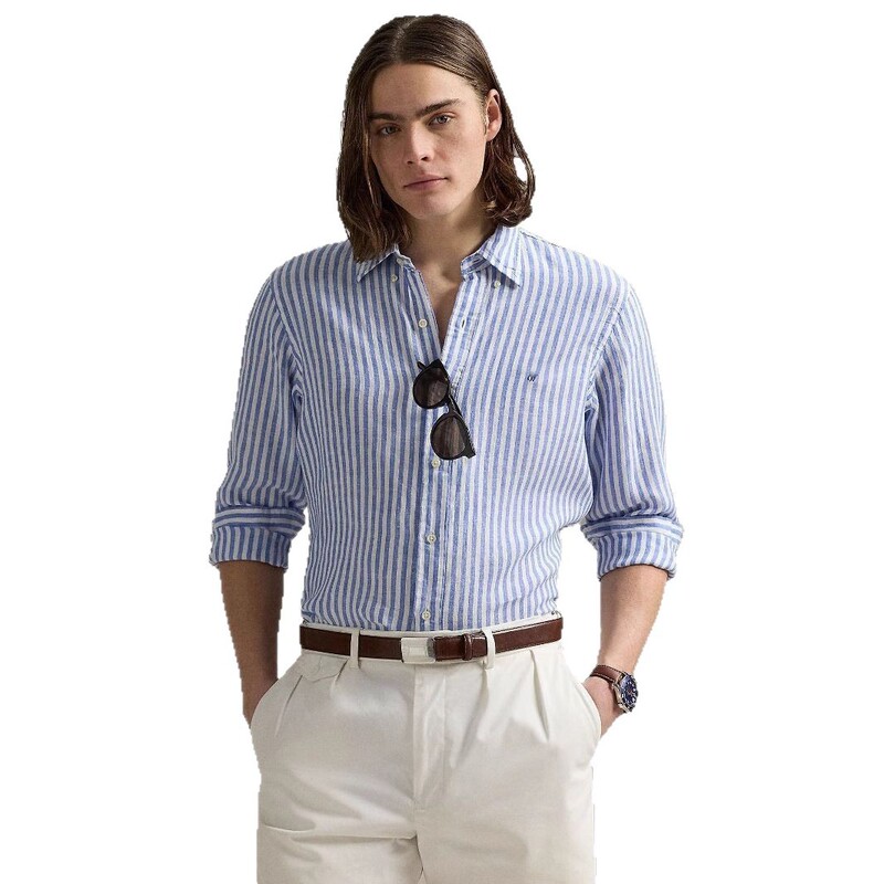 Cross-border RL Polo shirt with striped embroidery, a stylish and lightweight long-sleeved cotton-linen shirt for men, offering sun protection