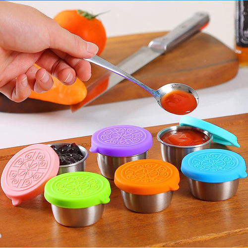 Cross-border 304 stainless steel sauce cup with silicone lid sauce cup outdoor portable tomato salad seasoning dipping dish