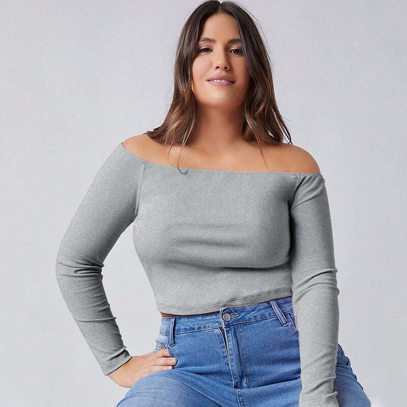 2026 Amazon Cross-Border Plus-Size Women's Clothing Simple Style Off-Shoulder T-Shirt Autumn and Winter Slim-Fit Inner Wear Long-Sleeve Top