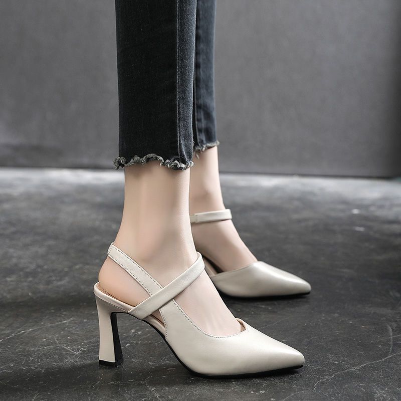 2024 verano nuevos zapatos de tacones altos de mujer punta de color sólido tacones gruesos versátiles temperamento de una palabra con tacones altos de mujer